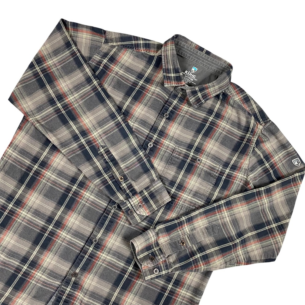 Kuhl Men Button Down Flannel Shirt Sz M Gray Plaid Long Sleeve Mountain Outdoor